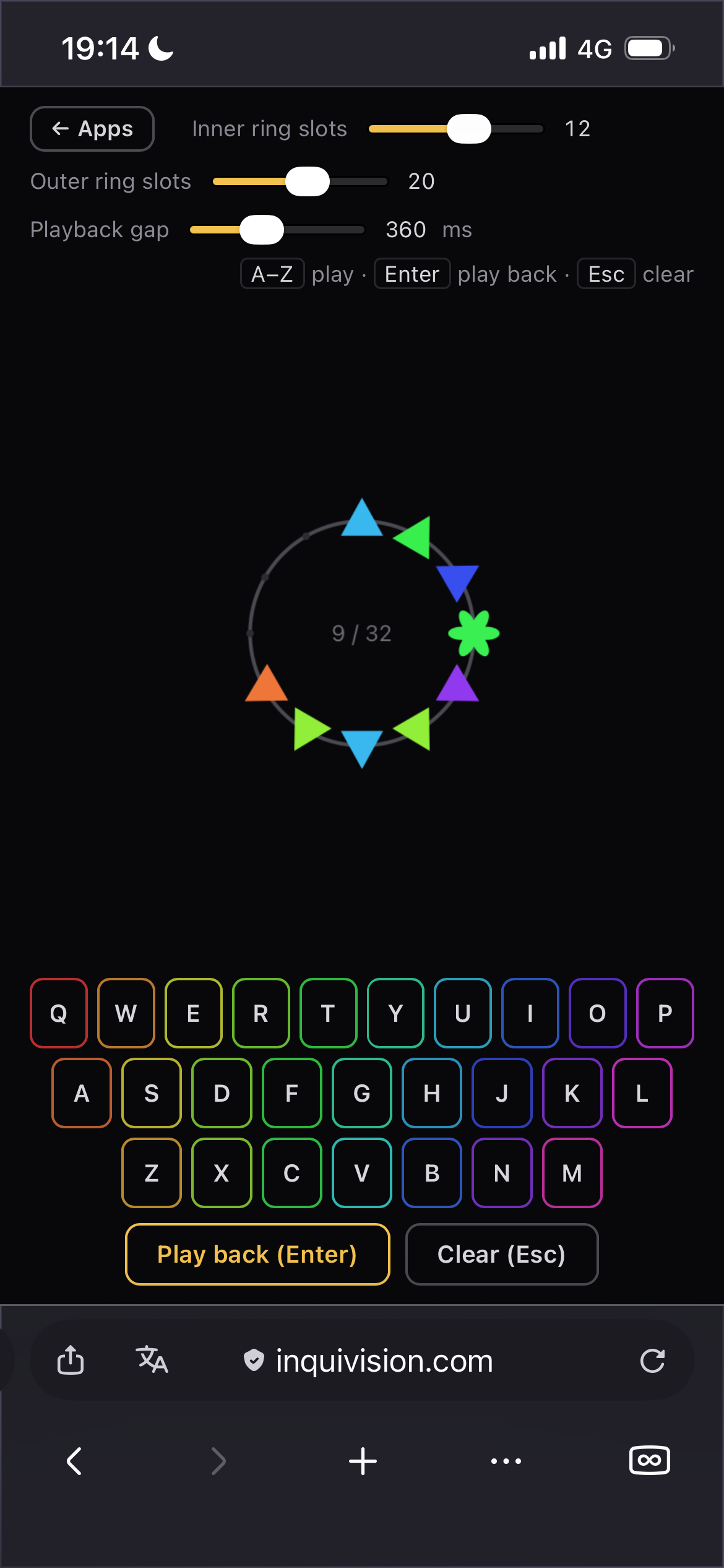 Magic Mandala app with a ring of coloured shapes and an on-screen keyboard